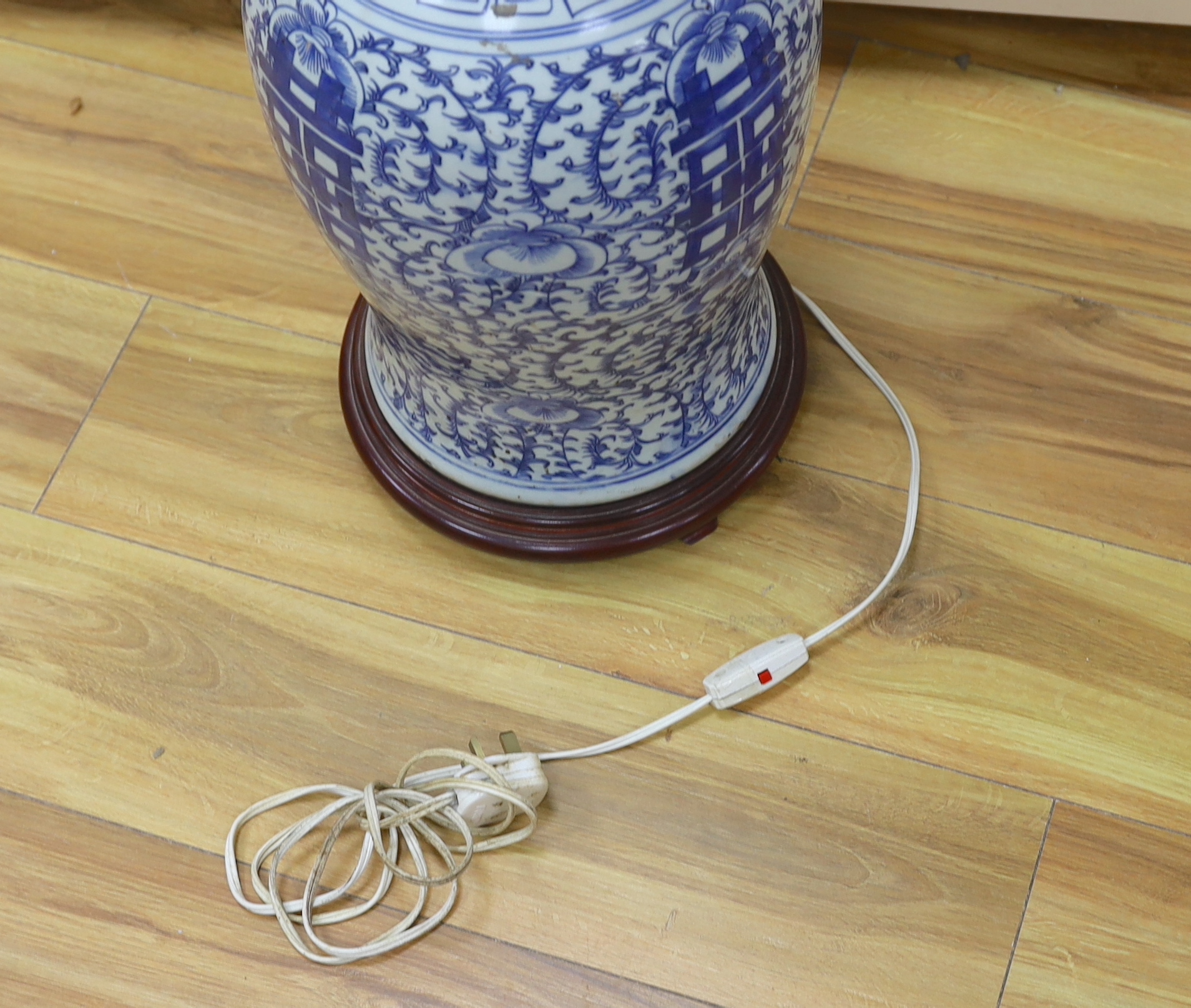 A large Chinese blue and white ‘shuangxi’ vase, now mounted as a lamp, overall 78cm high